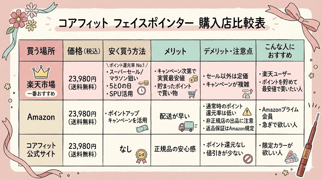 コアフィットフェイスポインター購入店比較表