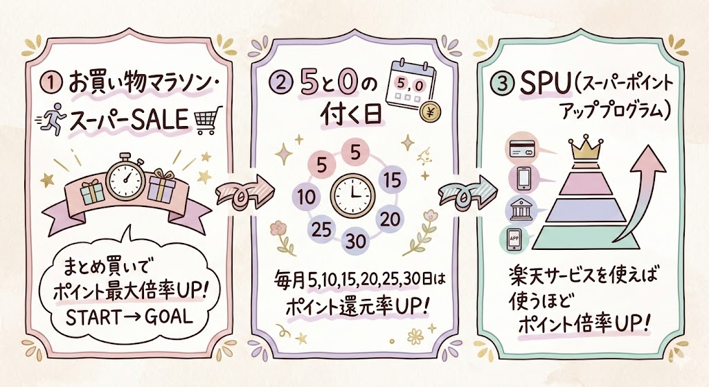 楽天お買い物マラソン、楽天スーパーDEAL、0と5のつく日など、ブライト エレキリフトをお得に買える3大イベントの解説画像