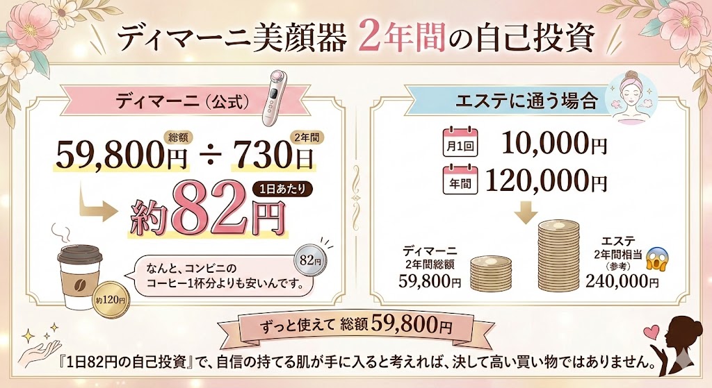 4万円OFFで購入したディマーニを2年間（730日）使用した場合の1日あたりのコストを計算し、コスパの良さを可視化した図解