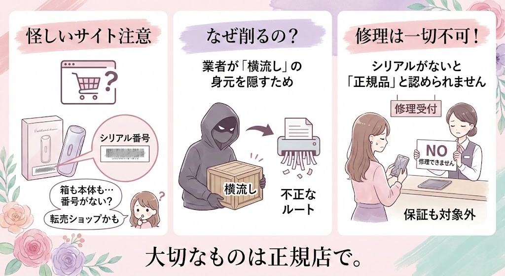 本体背面のシリアル番号が削られた転売品や中古品は、メーカーでの故障修理やサポートが一切受けられないことの警告画像