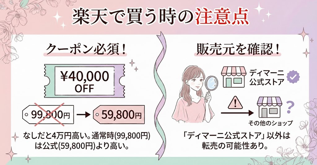 楽天市場でディマーニを購入する際、送料の有無や非正規販売店（転売品）による保証対象外リスクを解説した注意喚起画像