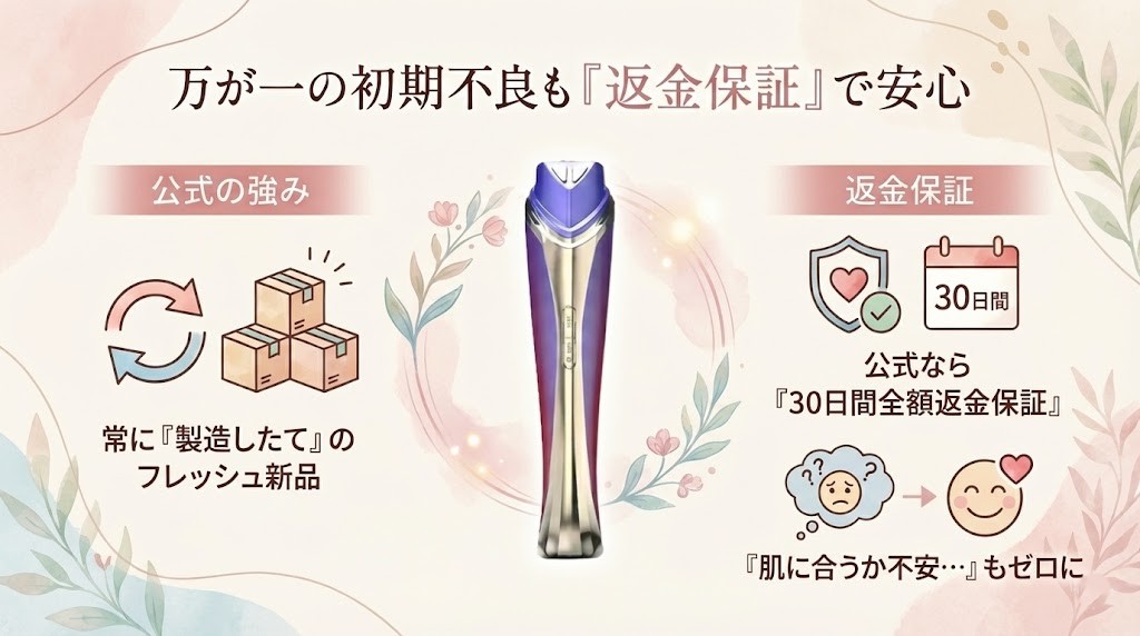 ディマーニ到着時に初期不良があった場合でも、公式サイト限定の返金保証で迅速に対応可能なことを示す案内画像