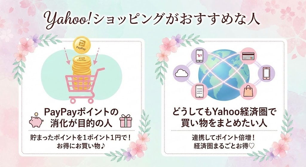 PayPayポイントを貯めている人やLYPプレミアム会員など、Yahoo!ショッピングでディマーニを買うのがお得な人の特徴をまとめたリスト画像