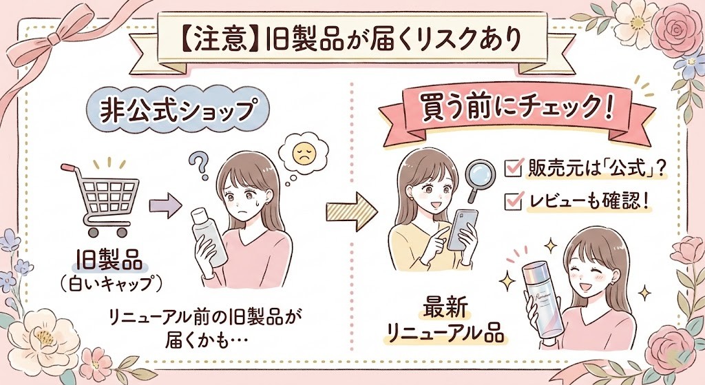 公式サイト以外（一部ネットショップ含む）で購入する際に、リニューアル前の旧製品が届いてしまう可能性と、新旧の見分け方を解説した注意喚起画像
