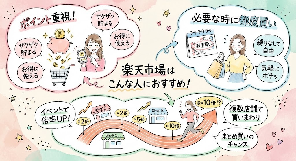 楽天ポイントを貯めている人や、楽天スーパーセールなどのイベント時に購入したい人など、楽天市場での購入が向いている人の特徴をまとめた画像