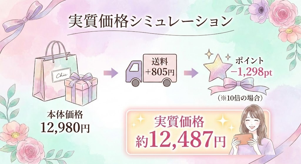 販売価格から獲得ポイント分を差し引き、MEラボンアイの本当の支払額（実質価格）をショップ別に計算したシミュレーション表