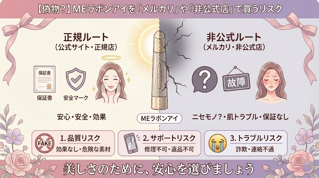 メルカリや非公式ショップでの偽物混入やトラブルのリスク、安全な正規品の見分け方を解説した画像