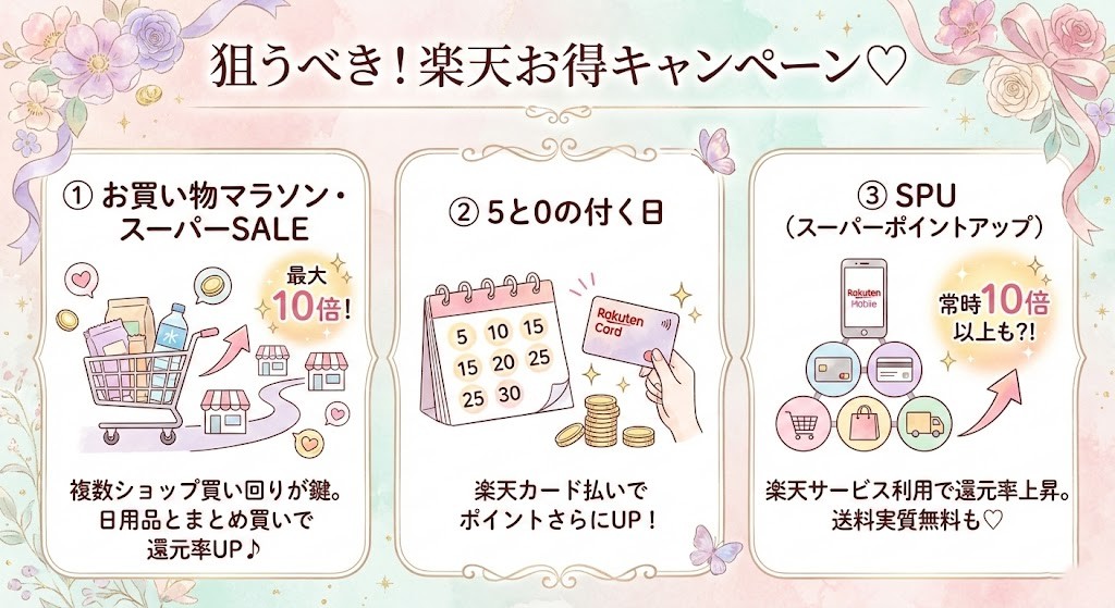 楽天スーパーSALE、お買い物マラソン、0や5のつく日など、MEラボンアイを安く買うために狙うべき主要キャンペーンのまとめ画像