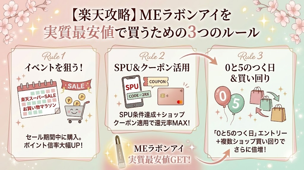 【楽天攻略】MEラボンアイを実質最安値で買うための3つのルール