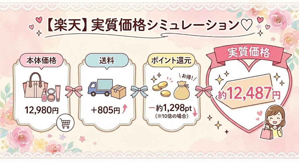 楽天市場の販売価格からお買い物マラソンやSPUでの還元ポイントを引き、実質いくらでMEラボンアイが買えるかを計算したシミュレーション表