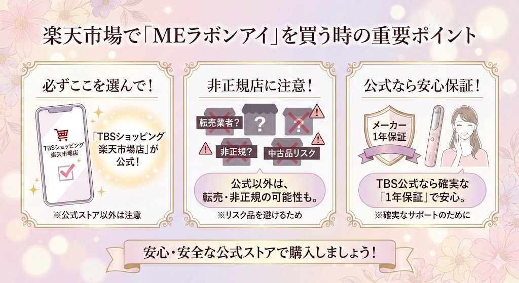 楽天市場でMEラボンアイを購入する際、送料の有無や公式ショップ（TBSショッピング等）であることを確認する注意点をまとめた画像