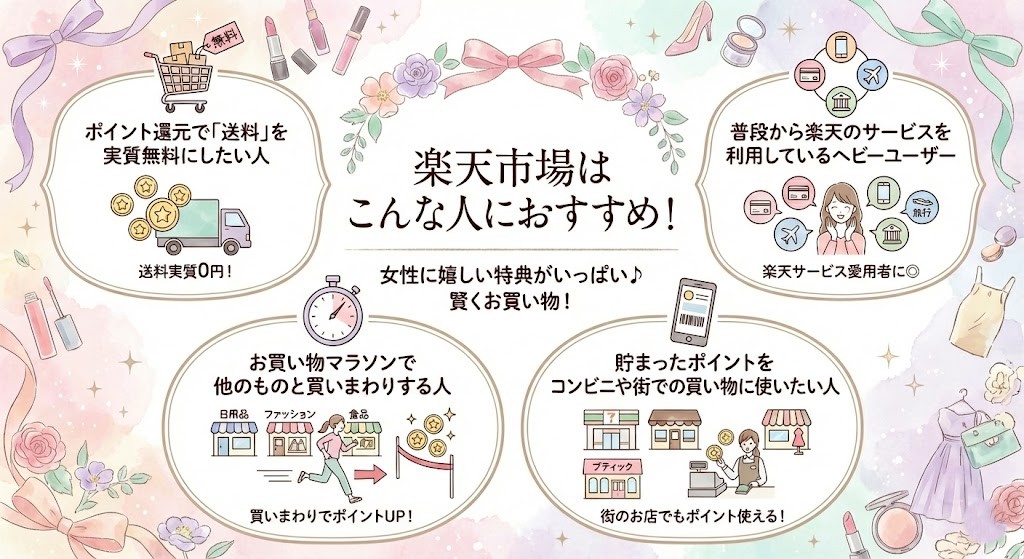 楽天カード利用者やポイント還元を重視する人など、楽天市場での購入が向いている人の特徴をまとめたリスト画像