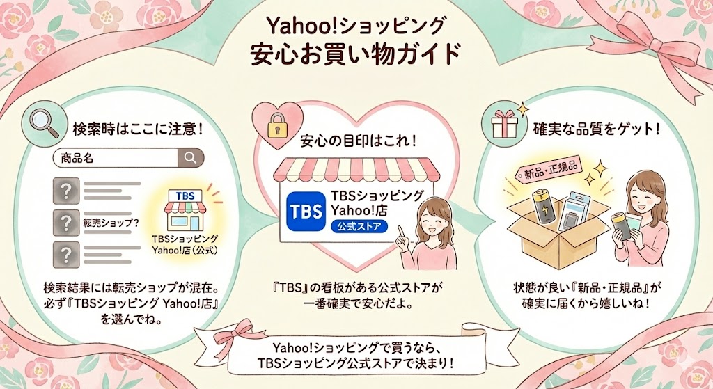 ストアごとの送料設定や、ポイント付与上限、公式ストア（TBSショッピング等）であるかの確認ポイントをまとめた注意喚起画像