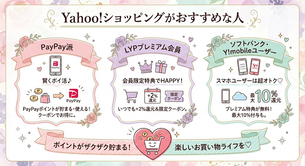 PayPayを頻繁に利用する人や、LYPプレミアム会員など、Yahoo!ショッピングでの購入が最もお得になる人の特徴をまとめたリスト画像