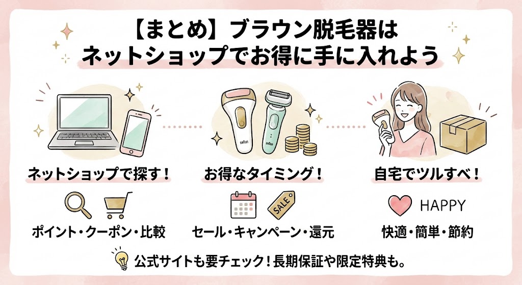 【まとめ】ブラウン脱毛器はネットショップでお得に手に入れよう