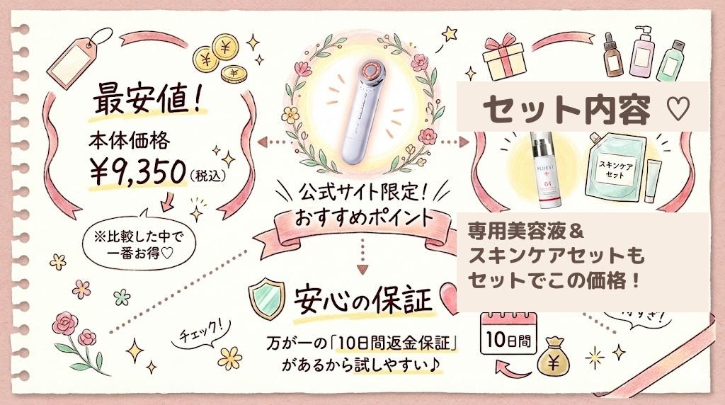 プルエスト美顔器と専用美容液がセットで定価の57%OFFになる、公式サイト限定の初回特別キャンペーン案内画像